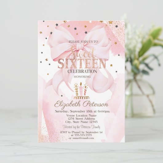可愛いキャンドル星ピンクボウ甘い16 招待状 (スタンド正面)