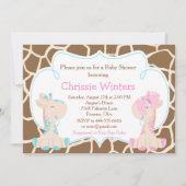 可愛いキリン性別リビールまたは双子の赤ちゃんシャワー 招待状 (正面)