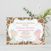 可愛いキリン性別リビールまたは双子の赤ちゃんシャワー 招待状 (スタンド正面)