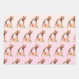 可愛いキリン水彩母とベビー柄 ラッピングペーパーシート