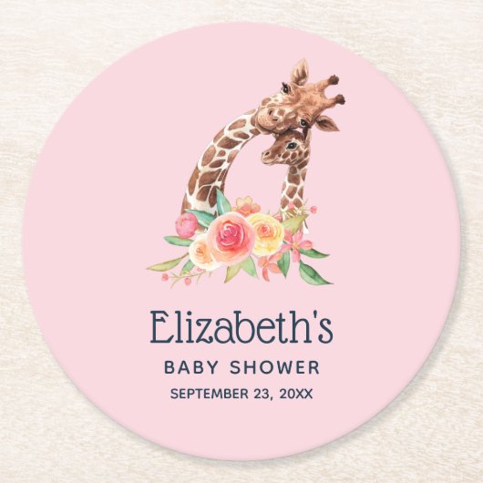 可愛いキリン水彩母と新生児シャワー ラウンドペーパーコースター (正面)