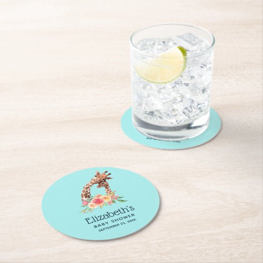 可愛いキリン水彩母と新生児シャワー ラウンドペーパーコースター (インサイチュ)