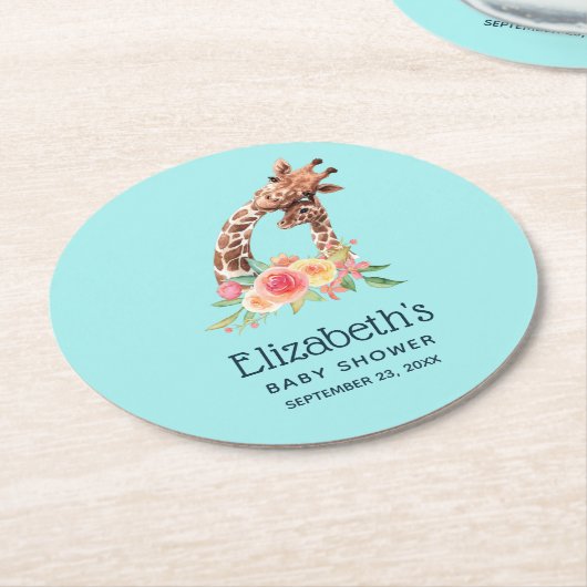 可愛いキリン水彩母と新生児シャワー ラウンドペーパーコースター (アングル)