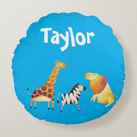 可愛いキリン・ゼブラライオンブルー ラウンドクッション (正面)