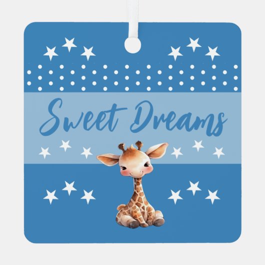 可愛いキリンshhhの名前の追加の青い眠っている メタルオーナメント (裏面)