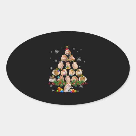可愛いギニアハムスター豚クリスマスツリーのペット好き 楕円形シール (正面)