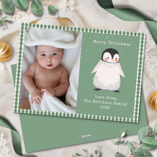可愛いギンガムグリーンシンプル家族写真 シーズンカード