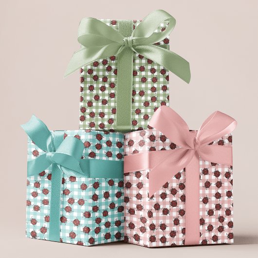 可愛いギンガム手描きラディバグパターンキッズ ラッピングペーパーシート