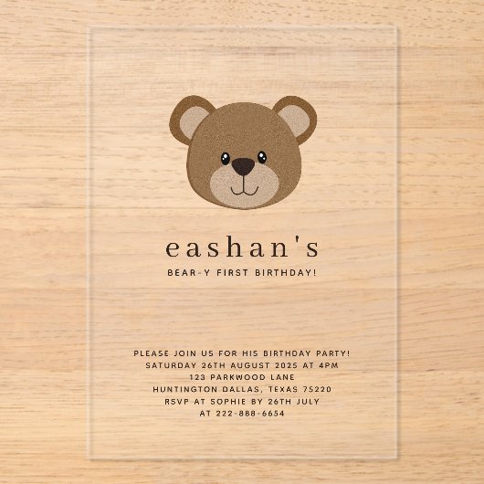 可愛いクマさん最初の誕生日写真 アクリル招待状 (正面)