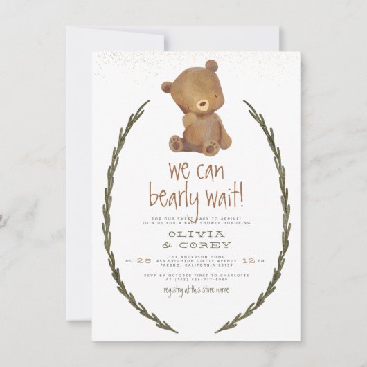 可愛いクマとリースベビーシャワーを心待ち 招待状 (正面)