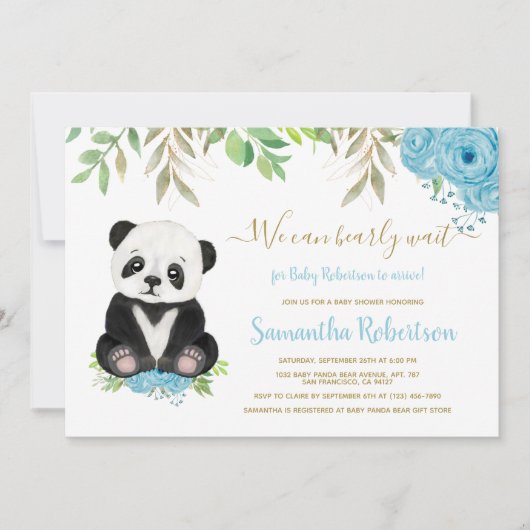 可愛いクマの水彩青い緑の少年の赤ちゃんシャワー 招待状 (正面)