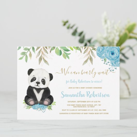可愛いクマの水彩青い緑の少年の赤ちゃんシャワー 招待状 (スタンド正面)