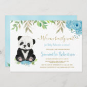 可愛いクマの水彩青い緑の少年の赤ちゃんシャワー 招待状 (正面/裏面)