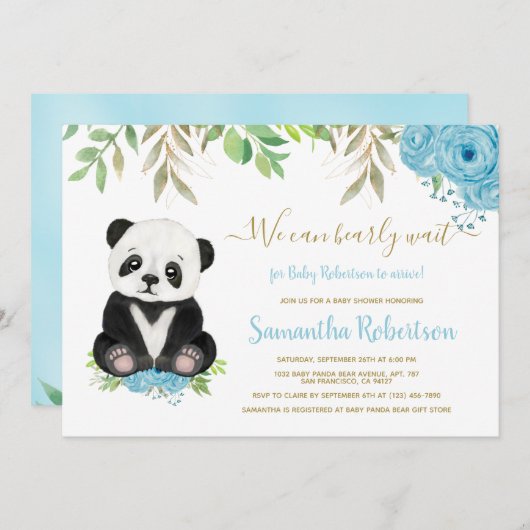 可愛いクマの水彩青い緑の少年の赤ちゃんシャワー 招待状 (正面/裏面)