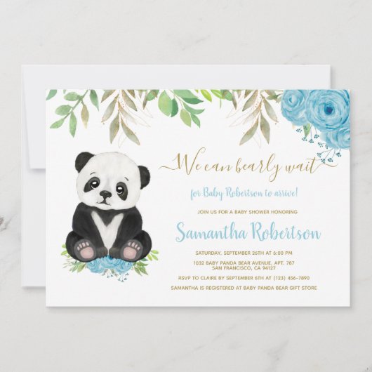 可愛いクマの水色ブルーフローラ赤ちゃんシャワー写真 招待状 (正面)