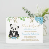 可愛いクマの水色ブルーフローラ赤ちゃんシャワー写真 招待状 (スタンド正面)
