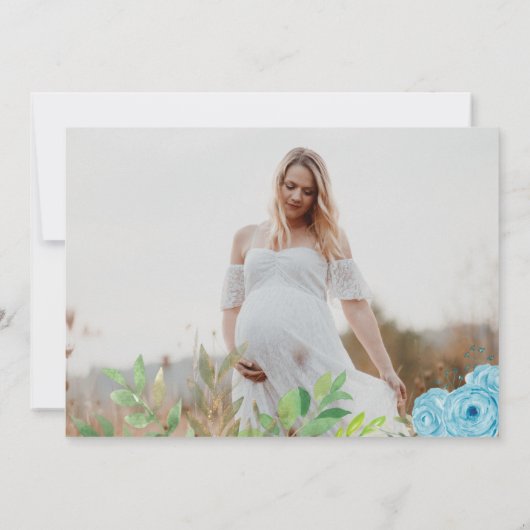 可愛いクマの水色ブルーフローラ赤ちゃんシャワー写真 招待状 (裏面)