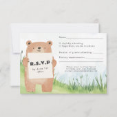 可愛いクマ保持標識RSVPカード草の背景 出欠カード (正面)