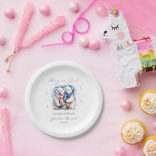 可愛いクマ性別リビールボーイまたはガールウィンター秋 ペーパープレート (パーティー)