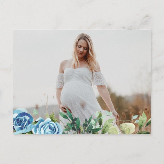 可愛いクマ青い花ボーイ赤ちゃんシャワー写真 インビテーションポストカード (裏面)