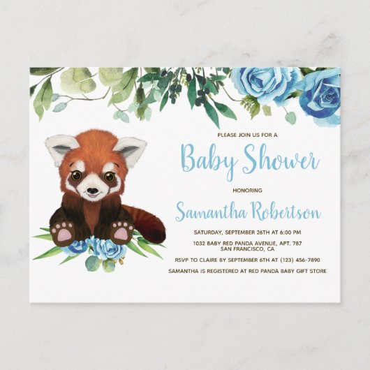 可愛いクマ青い花ボーイ赤ちゃんシャワー写真 インビテーションポストカード (正面)