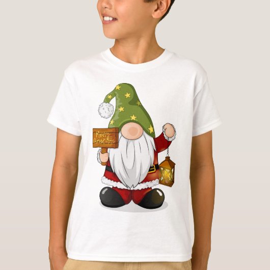 可愛いクリスマスのノームランタンとウッドサイン付き Tシャツ (正面)