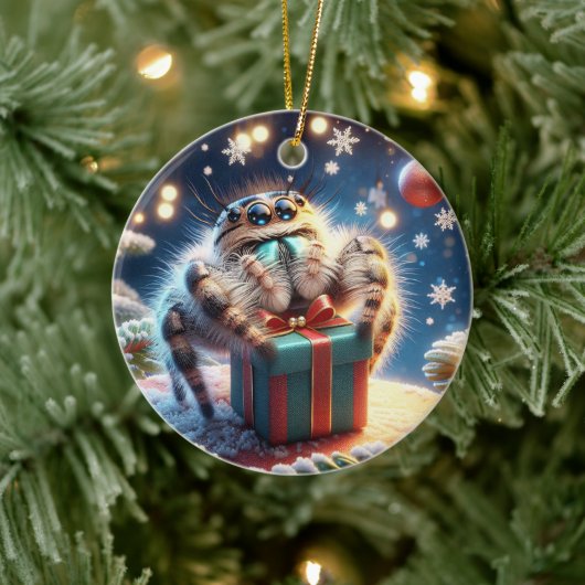 可愛いクリスマスのハエトリグモがプレゼントを持っている セラミックオーナメント (ツリー)