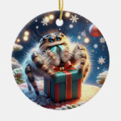 可愛いクリスマスのハエトリグモがプレゼントを持っている セラミックオーナメント (正面)
