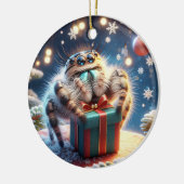 可愛いクリスマスのハエトリグモがプレゼントを持っている セラミックオーナメント (左)