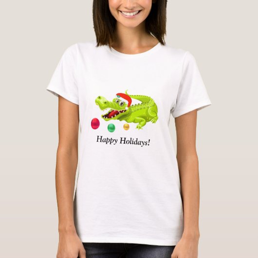 可愛いクリスマスのワニ 緑の金と赤いボール Tシャツ (正面)