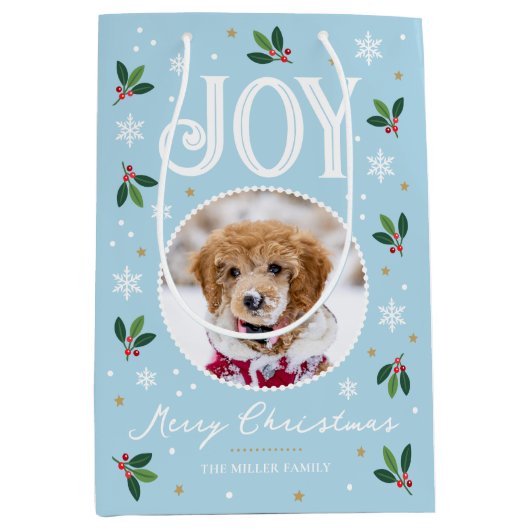 可愛いクリスマスの喜びスノーフレークフォトブルー ミディアムペーパーバッグ (正面)