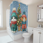 可愛いクリスマスの子犬&子猫 シャワーカーテン (インサイチュ)