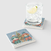 可愛いクリスマスの子犬&子猫 ストーンコースター (横)