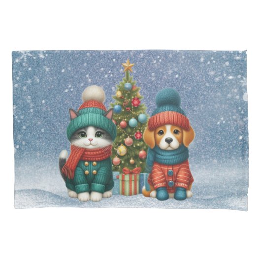 可愛いクリスマスの子犬&子猫 枕カバー (正面)
