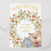 可愛いクリスマスの猫と犬のヒイラギリース ゴールド