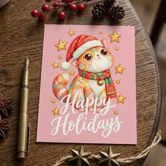 可愛いクリスマスの猫のイラスト 幸せな雰囲気 ポストカード