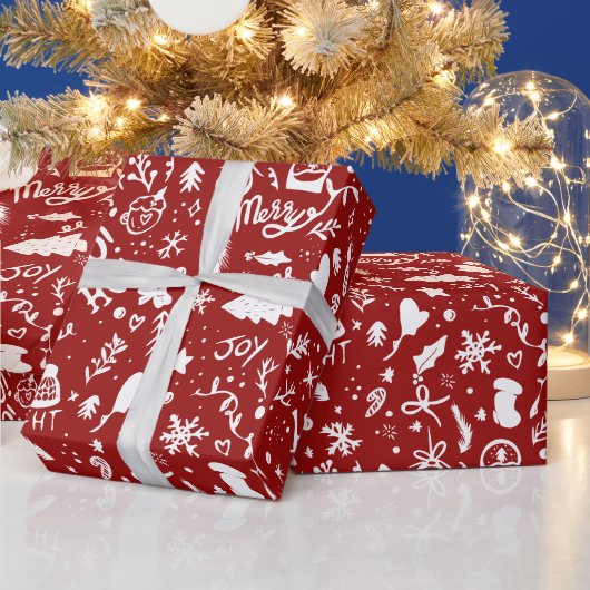可愛いクリスマスイラストの模様は赤 ラッピングペーパー (クリスマス)