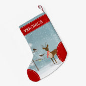 可愛いクリスマスイラストレーションディアツリー&バード スモールクリスマスストッキング (裏面 (吊り時))
