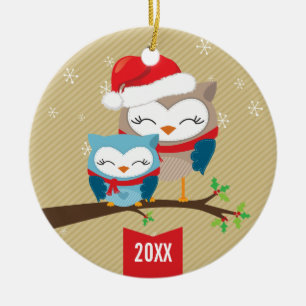 可愛いクリスマスオーナメント::フェスティバルフクロウカップル セラミックオーナメント