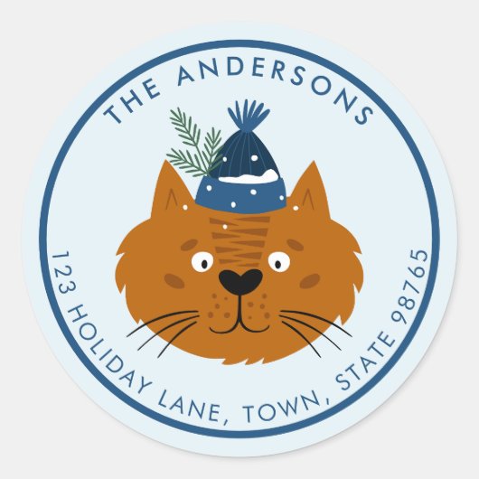 可愛いクリスマスキャット入りブルーニット帽子カスタマイズ ラウンドシール (正面)