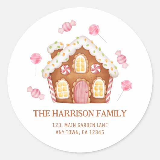 可愛いクリスマスキャンディハウスアドレスステッカー ラウンドシール (正面)