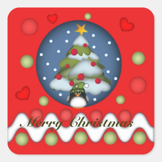 可愛いクリスマスステッカーと木、ペンギン&文字 スクエアシール (正面)