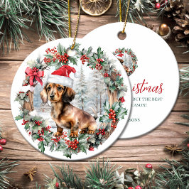 可愛いクリスマスダッチシュント犬の子犬サンタ帽子 セラミックオーナメント