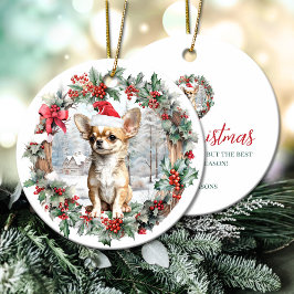 可愛いクリスマスチワワ犬の子犬サンタ帽子 セラミックオーナメント