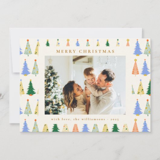 可愛いクリスマスツリーグリーンボホ2枚フォトメッセージ シーズンカード (正面)