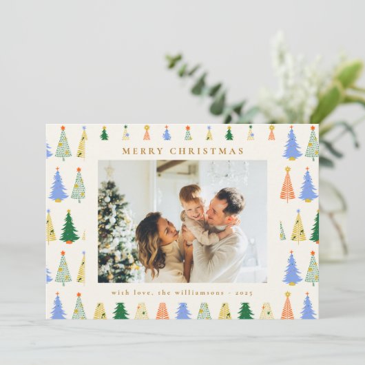 可愛いクリスマスツリーグリーンボホ2枚フォトメッセージ シーズンカード (スタンド正面)