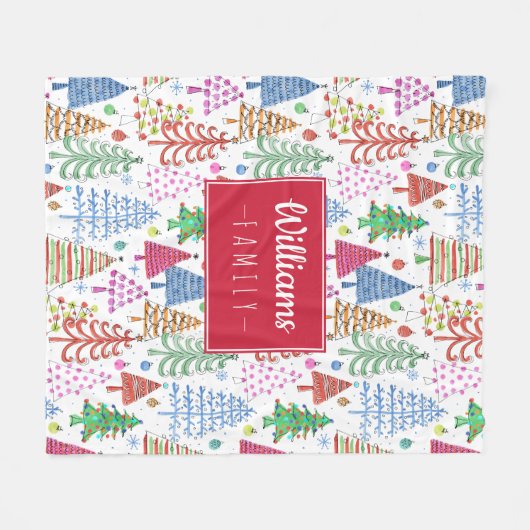 可愛いクリスマスツリーパターンと名字 フリースブランケット (正面(横))