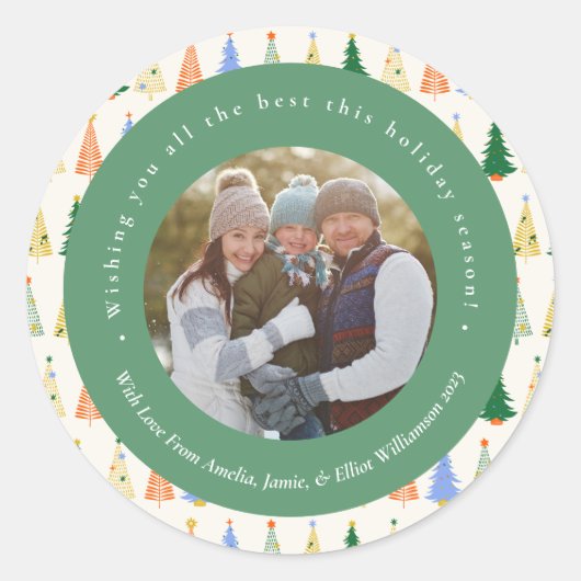 可愛いクリスマスツリー赤い緑の家族カスタム写真 ラウンドシール (正面)