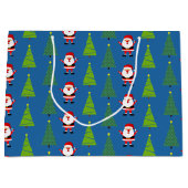 可愛いクリスマスツリー&サンタクロース柄ブルー ラージペーパーバッグ (正面)