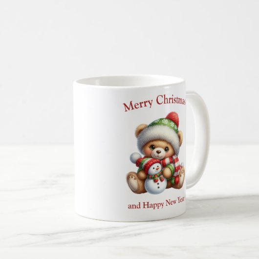 可愛いクリスマステディベアと雪だるま コーヒーマグカップ (正面右)